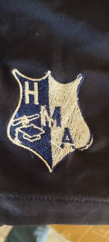 A shield badge on dark navy fabric with thin cream stitching, a mangled element and loose thread ends across the design
